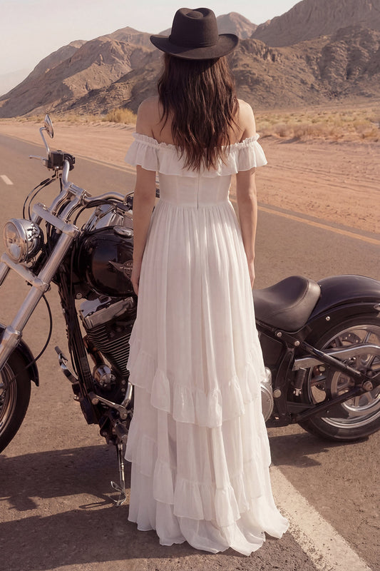 Ivory Ruffled A-Line High-Low Beach Wedding Dress
