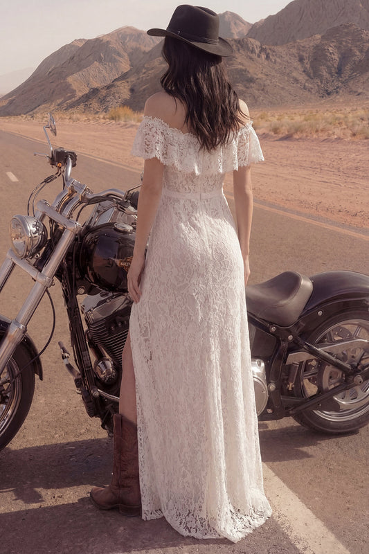 Vestido de novia largo boho color marfil floral con abertura