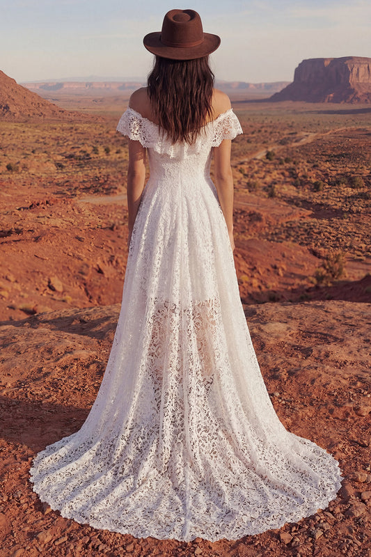Floral Ivory A-Line High-Low Boho Wedding Dress
