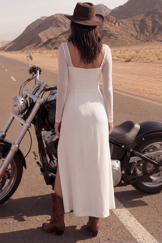 Ivory Sheath Square Neck Long Beach Wedding Dress with Slit