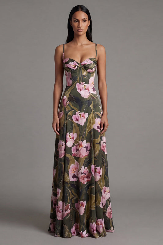 Robe longue à bretelles spaghetti ligne A florale avec olives fleuries