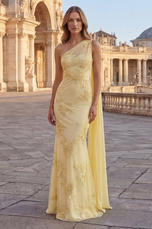 Yellow Mermaid Floral Embroidered Long Prom Dress with Side Cape