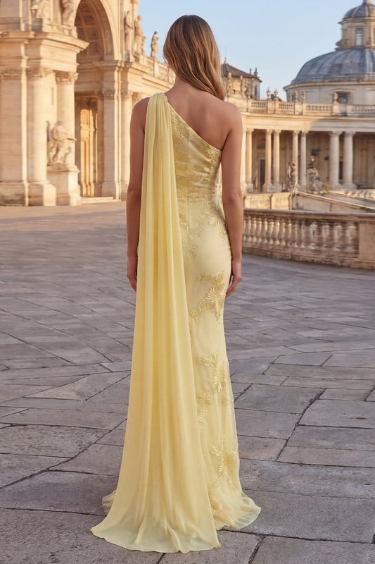Yellow Mermaid Floral Embroidered Long Prom Dress with Side Cape
