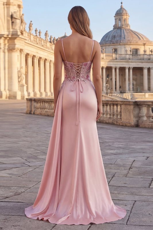 Pink Sheath Floral Ruched Corset Long Prom Dress with Side Cape