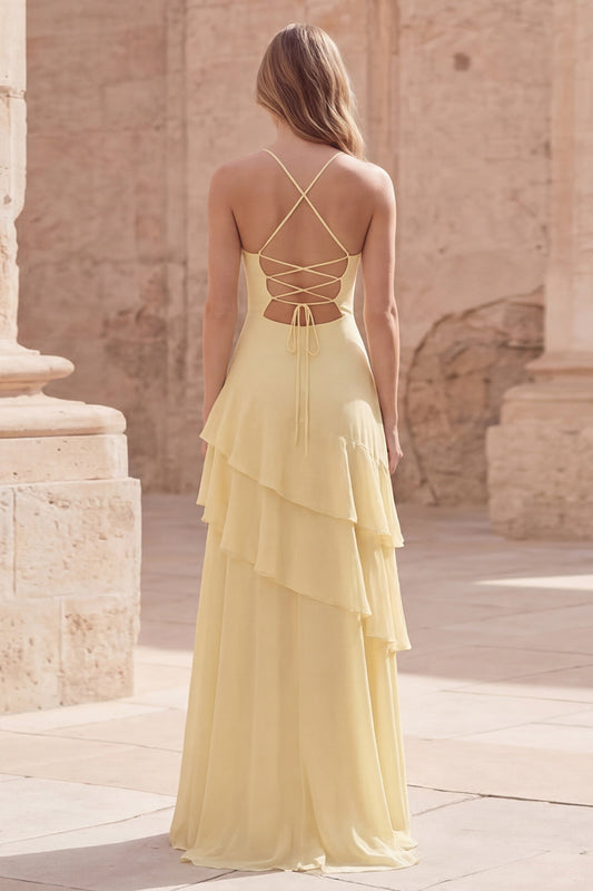 Robe de Demoiselle d'honneur Longue Évasée Jaune à Bretelles Fines et Volants