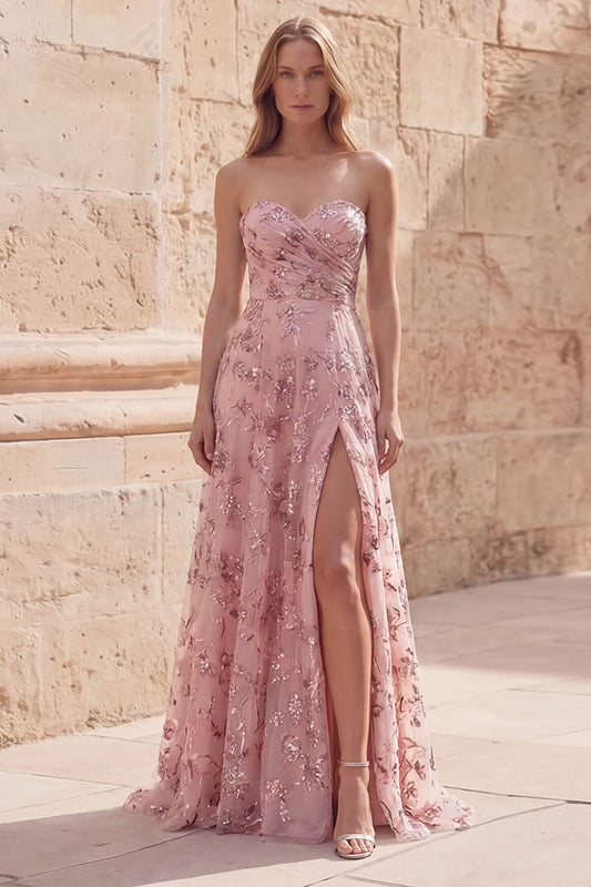 Blush Sequin A Line Strapless Long Prom Dress with Slit