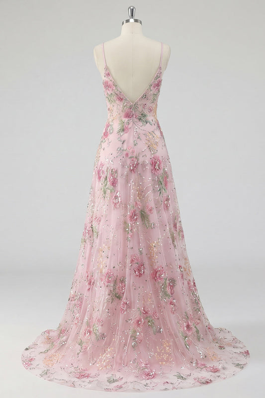 Sparkly Pink Sequin Floral A Line Spaghetti Straps Long Prom Dress