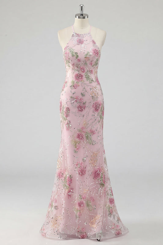Sparkly Pink Sequin Floral Mermaid Long Prom Dress