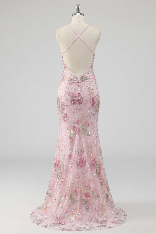 Sparkly Pink Sequin Floral Mermaid Long Prom Dress