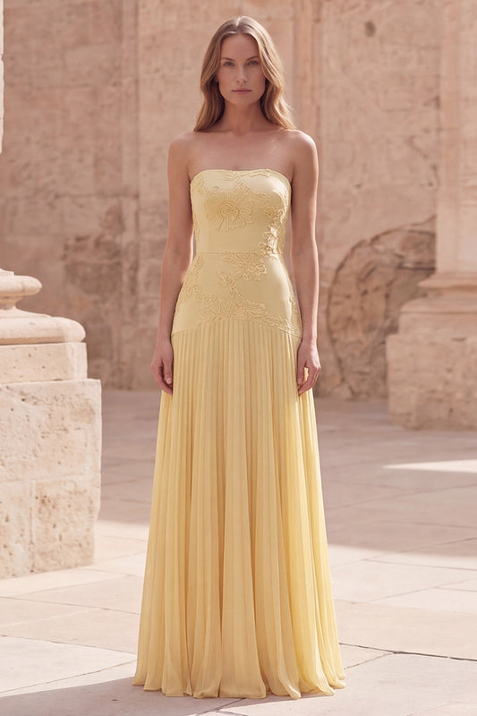 Strapless Yellow Floral A Line Pleated Long Prom Dress