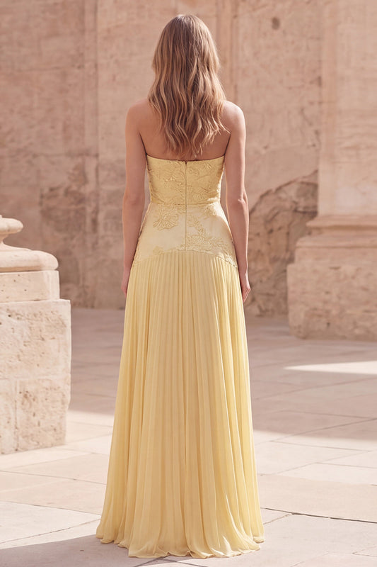 Strapless Yellow Floral A Line Pleated Long Prom Dress