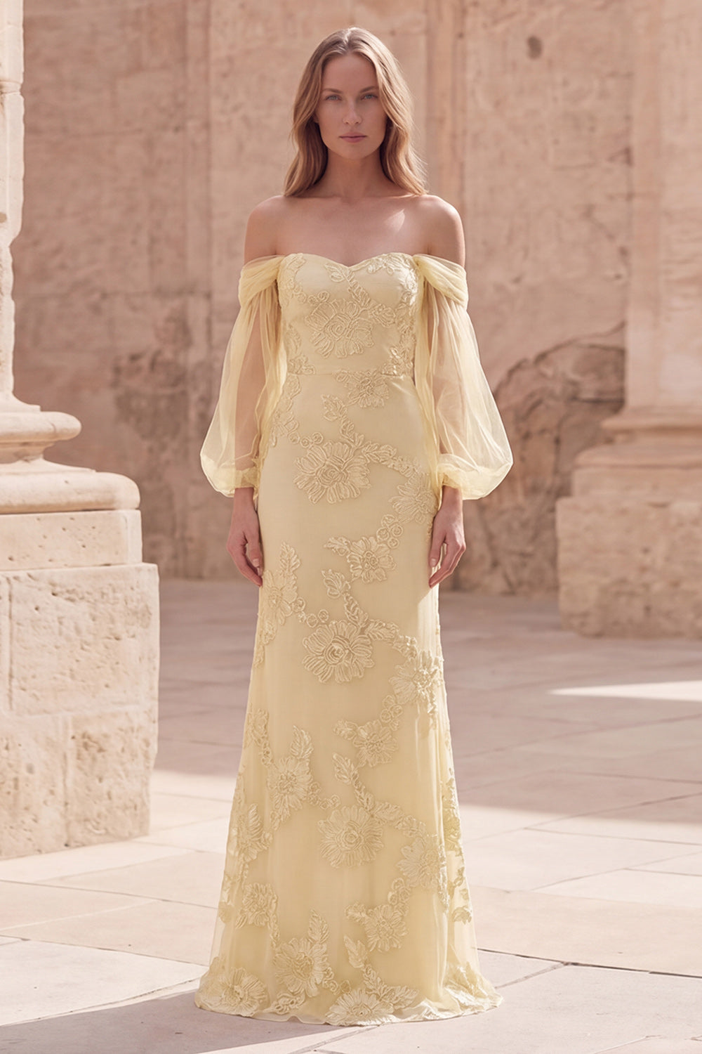 Off the Shoulder Yellow Mermaid Appliqued Long Prom Dress with Sleeves