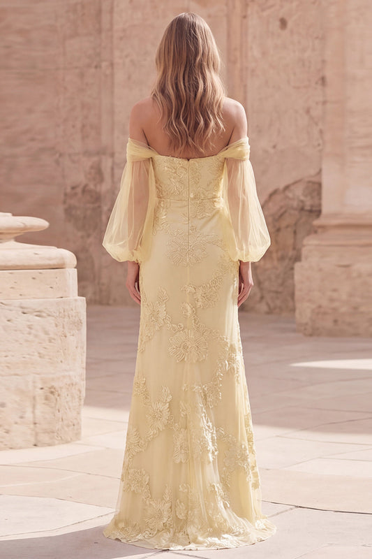 Off the Shoulder Yellow Mermaid Appliqued Long Prom Dress with Sleeves