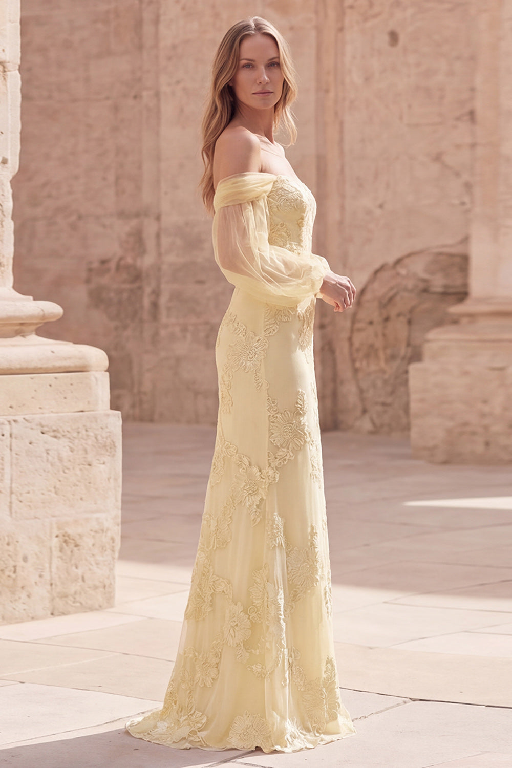 Off the Shoulder Yellow Mermaid Appliqued Long Prom Dress with Sleeves