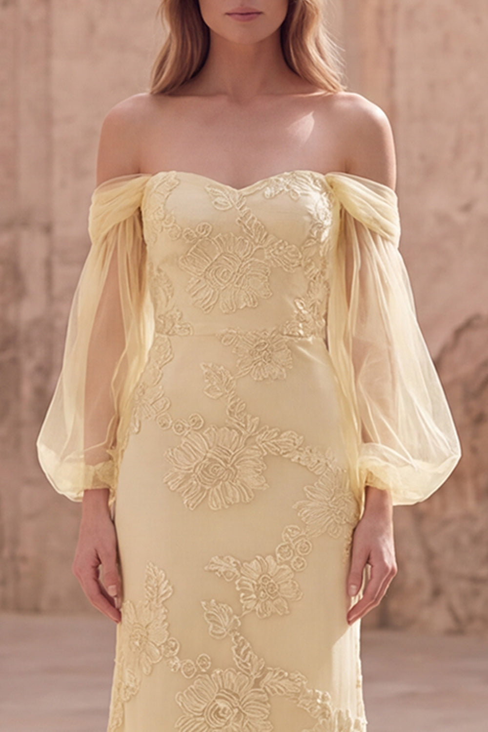 Off the Shoulder Yellow Mermaid Appliqued Long Prom Dress with Sleeves