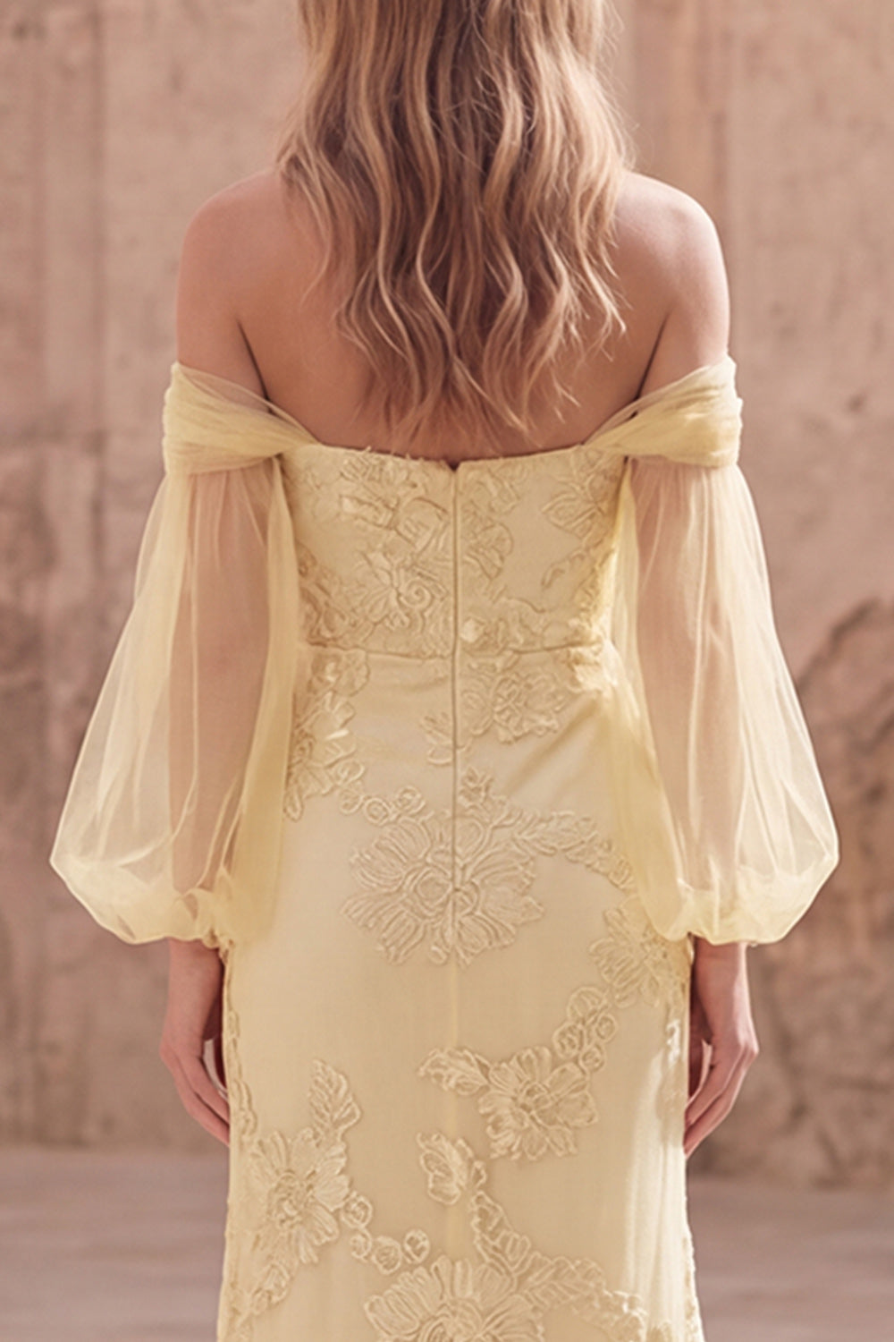 Off the Shoulder Yellow Mermaid Appliqued Long Prom Dress with Sleeves