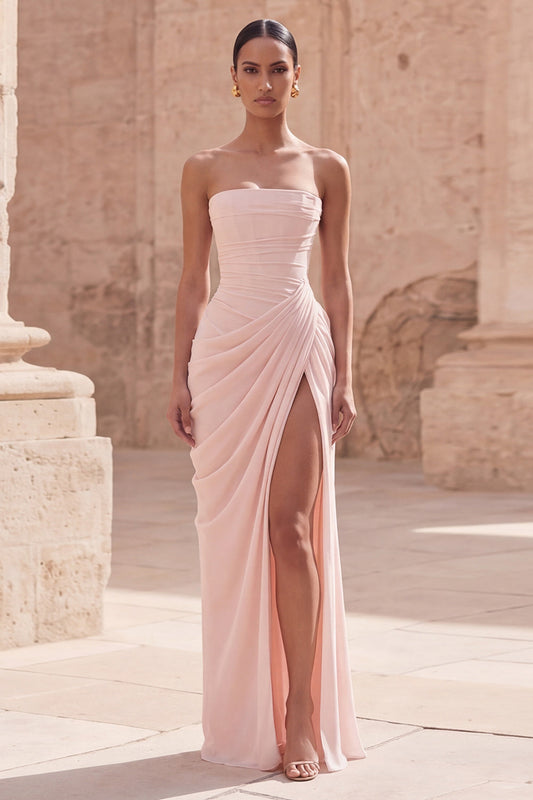 Light Pink Strapless Sheath Ruched Long Prom Dress with Slit