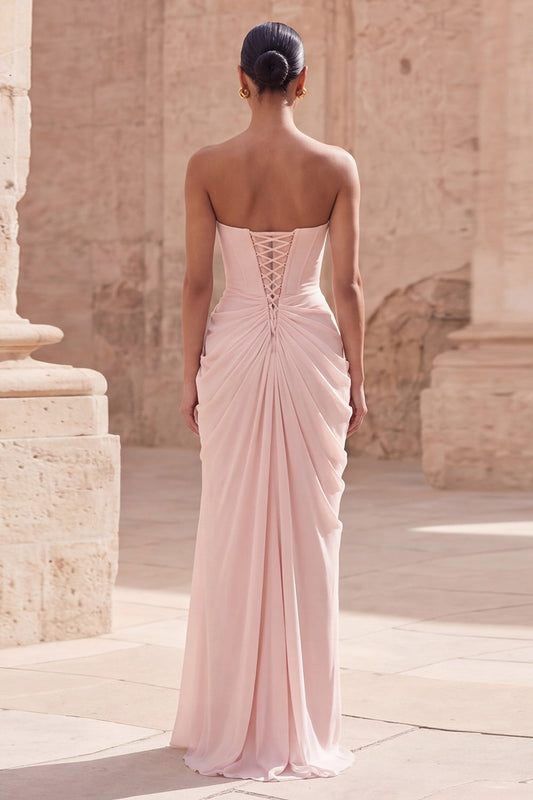 Light Pink Strapless Sheath Ruched Long Prom Dress with Slit