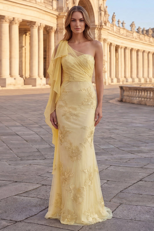 Yellow One Shoulder Mermaid Floral Embroidered Long Prom Dress with Sash
