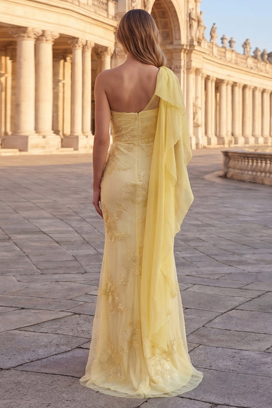 Yellow One Shoulder Mermaid Floral Embroidered Long Prom Dress with Sash