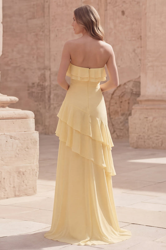 Strapless Yellow A Line Ruffled Long Wedding Guest Dress