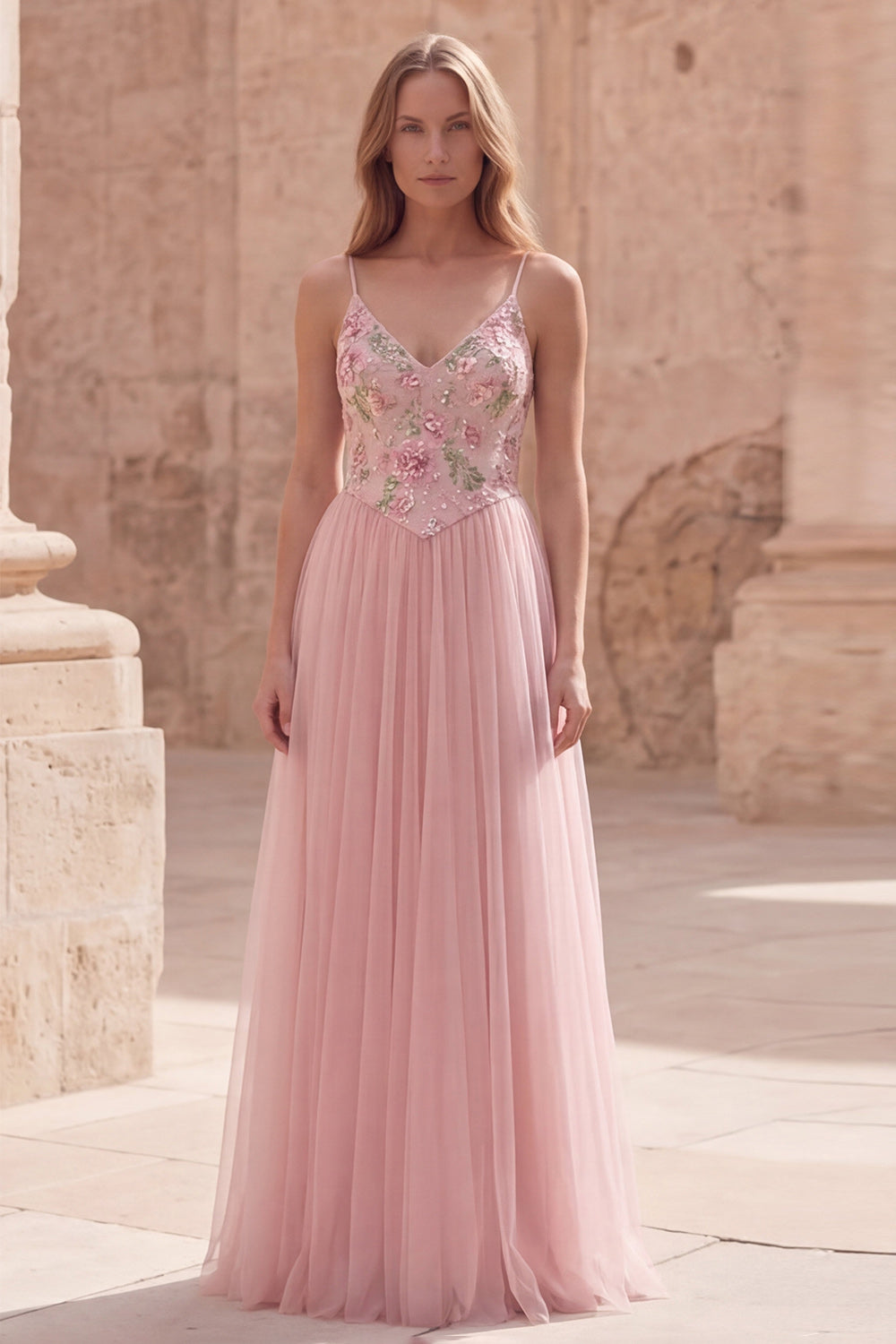 Pink Floral A Line Spaghetti Straps Sequin Long Prom Dress