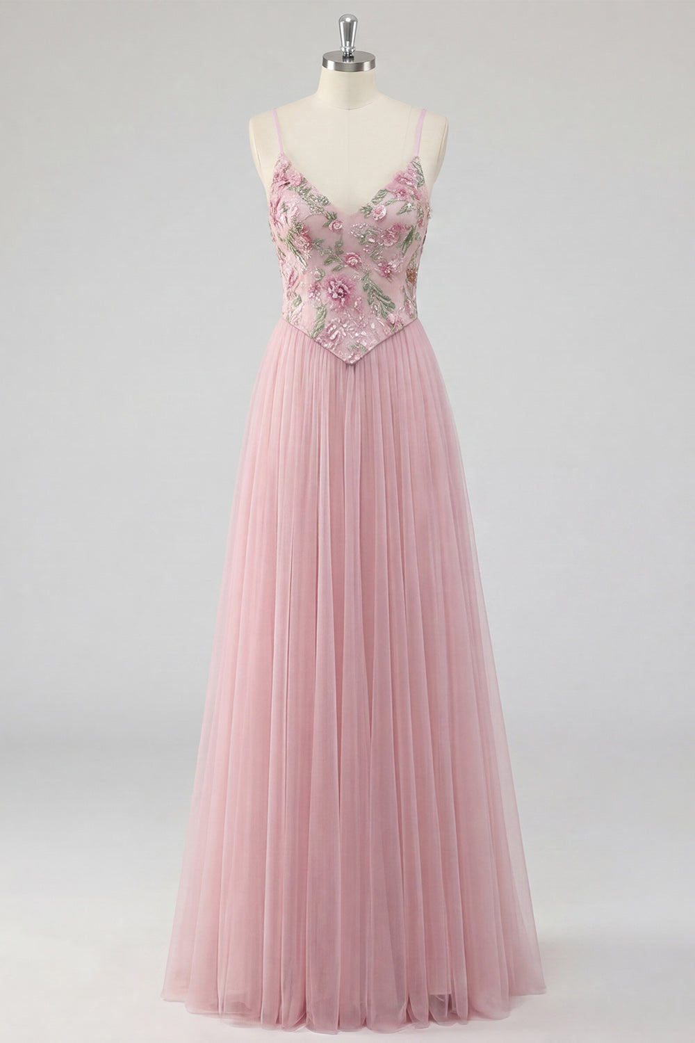 Pink Floral A Line Spaghetti Straps Sequin Long Prom Dress