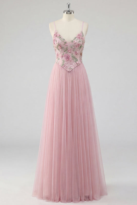Pink Floral A Line Spaghetti Straps Sequin Long Prom Dress