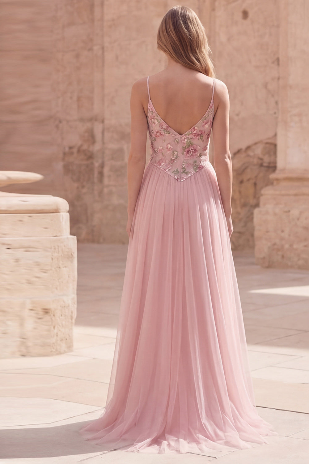 Pink Floral A Line Spaghetti Straps Sequin Long Prom Dress
