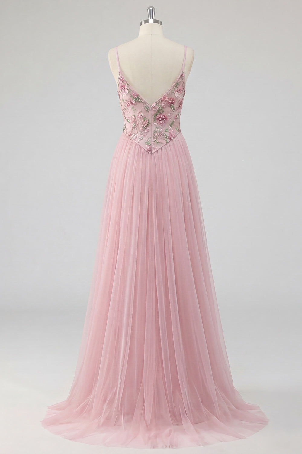Pink Floral A Line Spaghetti Straps Sequin Long Prom Dress