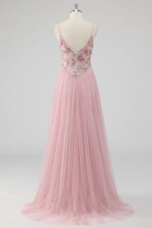 Pink Floral A Line Spaghetti Straps Sequin Long Prom Dress