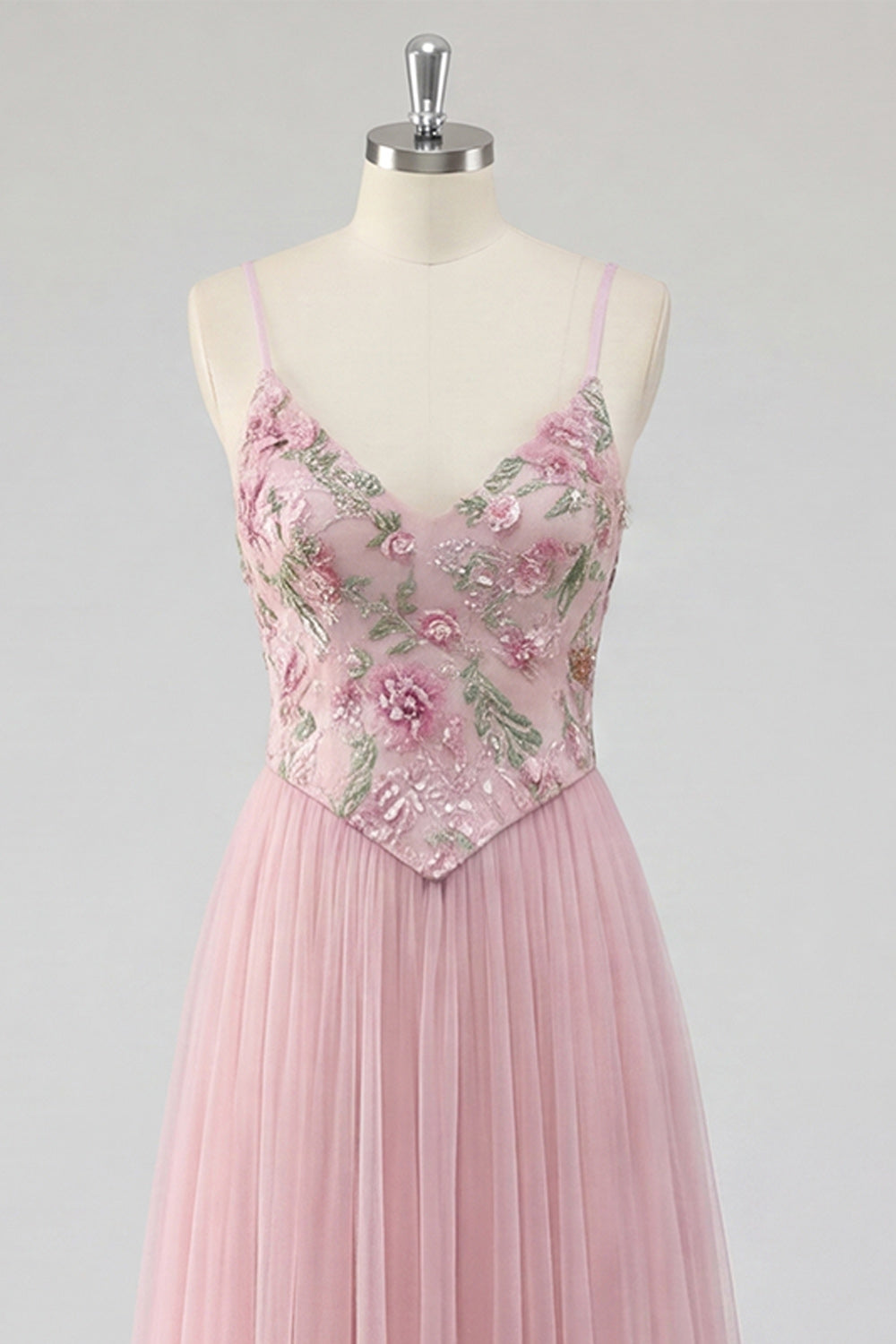 Pink Floral A Line Spaghetti Straps Sequin Long Prom Dress