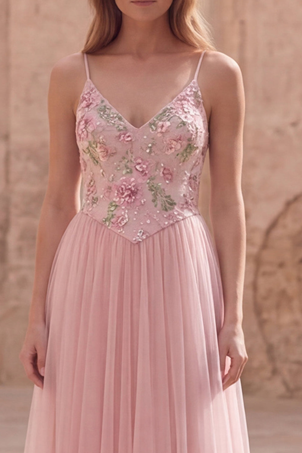 Pink Floral A Line Spaghetti Straps Sequin Long Prom Dress