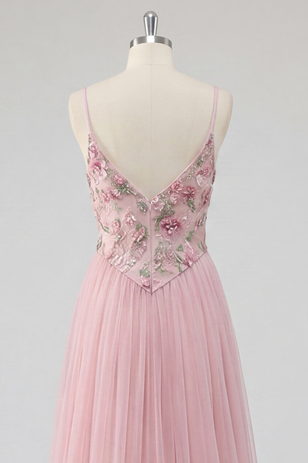 Pink Floral A Line Spaghetti Straps Sequin Long Prom Dress