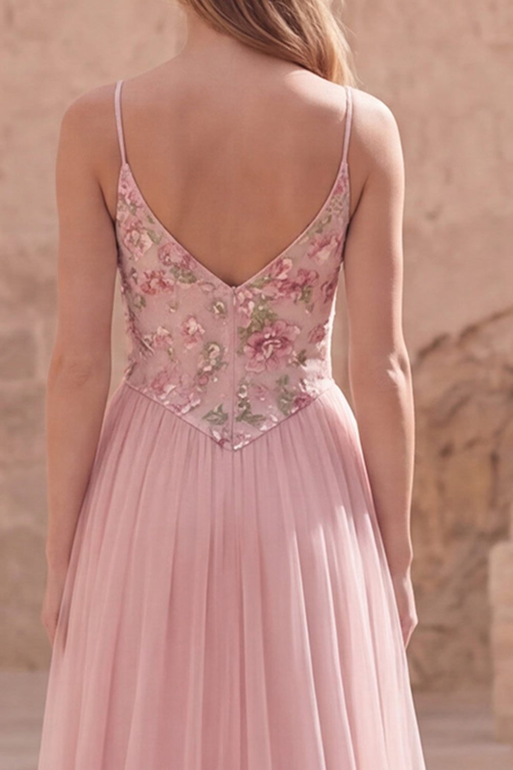 Pink Floral A Line Spaghetti Straps Sequin Long Prom Dress