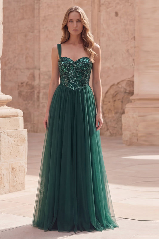 Robe de bal longue en sequin, bretelles spaghetti, coupe évasée, vert foncé