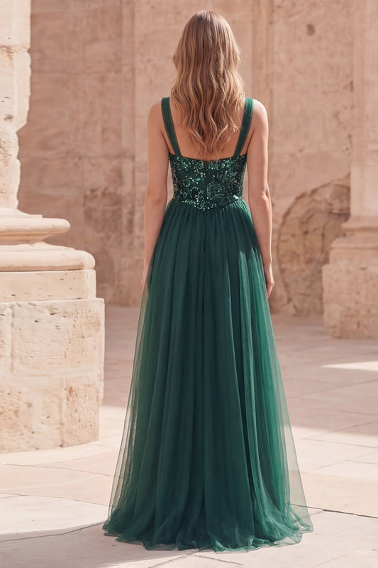 Robe de bal longue en sequin, bretelles spaghetti, coupe évasée, vert foncé