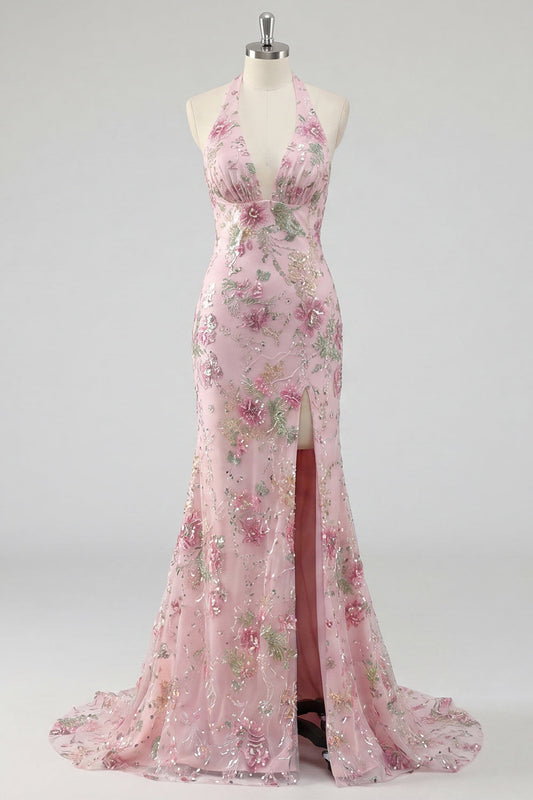 Sparkly Mermaid Pink Floral Halter Neck Backless Long Prom Dress with Slit