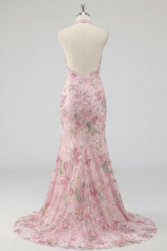 Sparkly Mermaid Pink Floral Halter Neck Backless Long Prom Dress with Slit