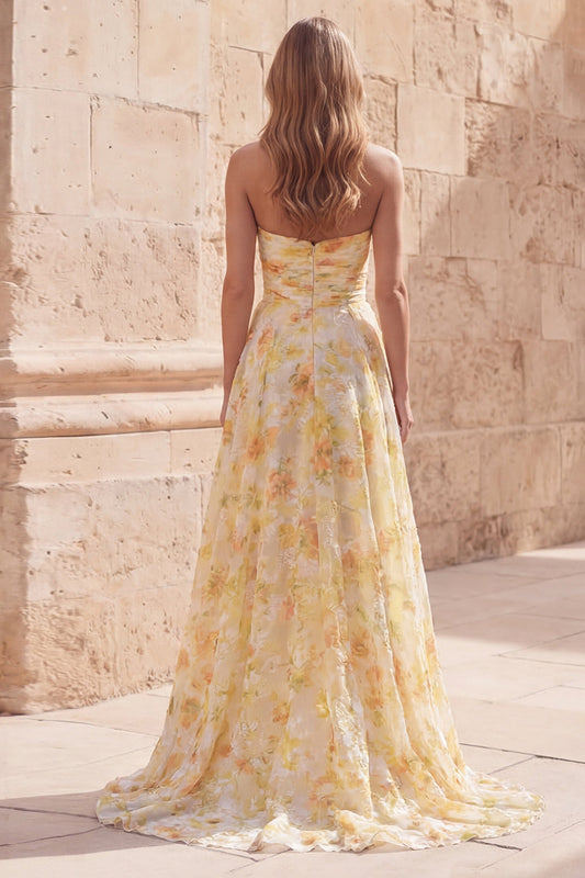 Strapless Yellow Floral A Line Ruched Long Prom Dress with Slit