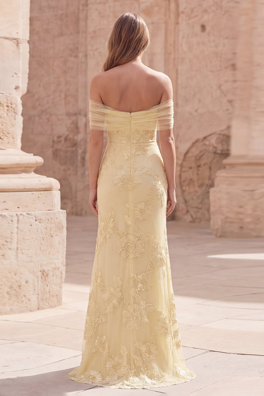 Yellow Mermaid Off the Shoulder Long Prom Dress with Floral Embroidery
