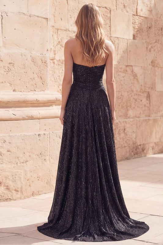 Sparkly Black Sweetheart A-Line Ruched Beaded Long Prom Dress with Slit