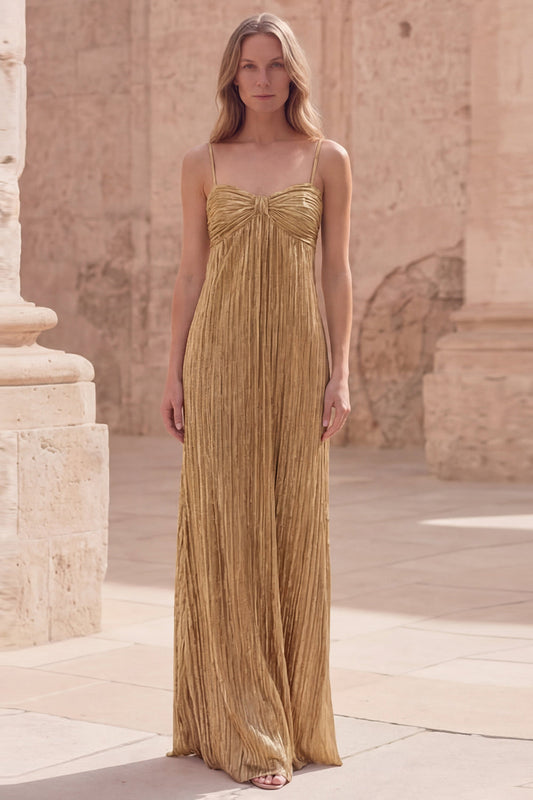 Gold Sheath Spaghetti Straps Sleeveless Ruched Long Prom Dress