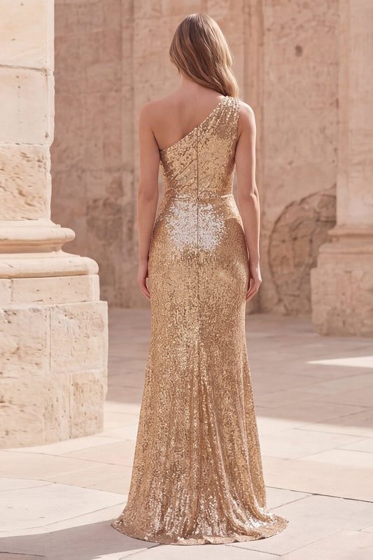 Sparkly Gold Mermaid One Shoulder Ruched Long Prom Dress with Slit