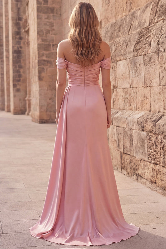 Pink A-Line Off the Shoulder Ruched Satin Long Prom Dress with Slit