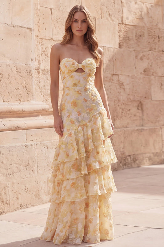 Yellow Flower Mermaid Sweetheart Hollow Ruffled Tiered Long Prom Dress