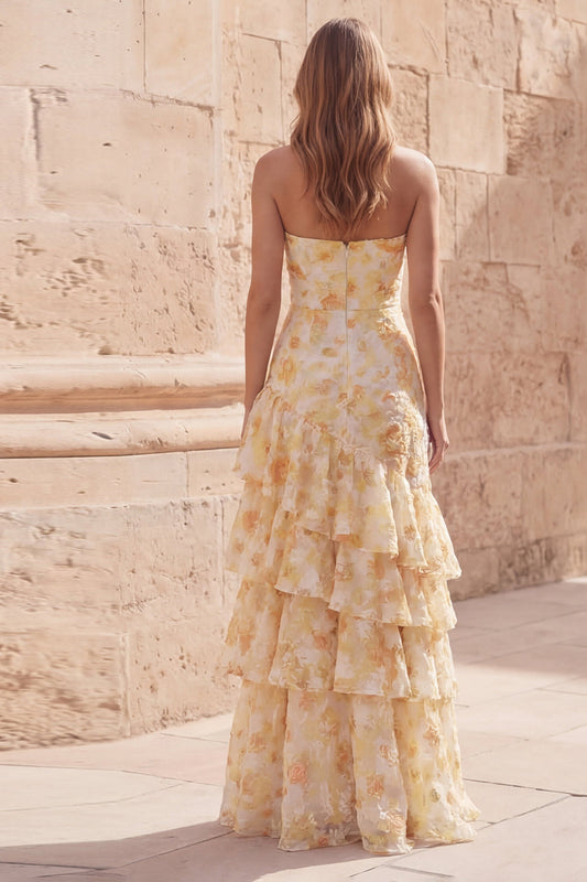 Yellow Flower Mermaid Sweetheart Hollow Ruffled Tiered Long Prom Dress