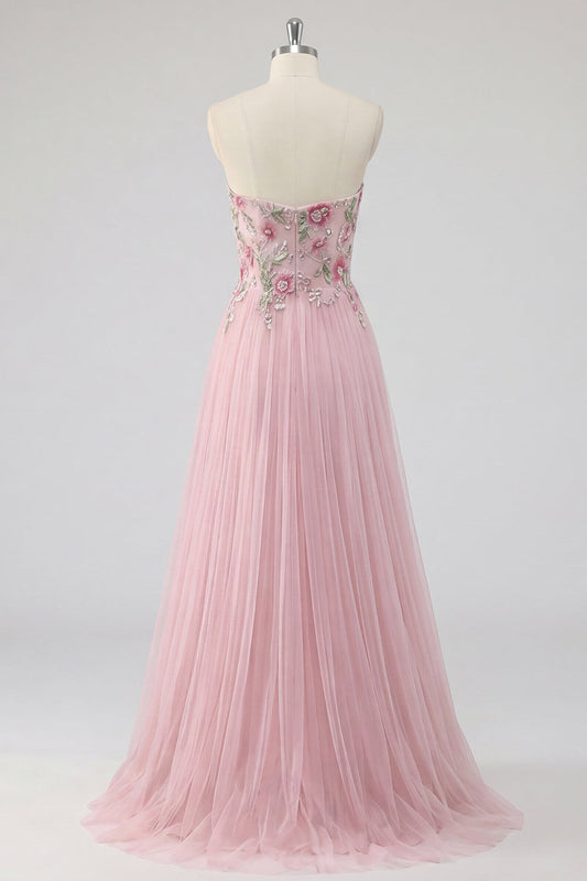 Sparkly Pink A-Line Sweetheart Appliqued Tulle Prom Dress with Beading