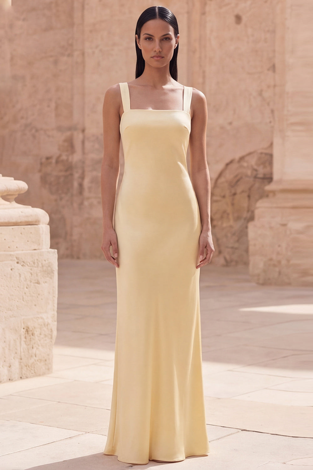 Yellow Spaghetti Straps Sheath Sleeveless Long Satin Dress
