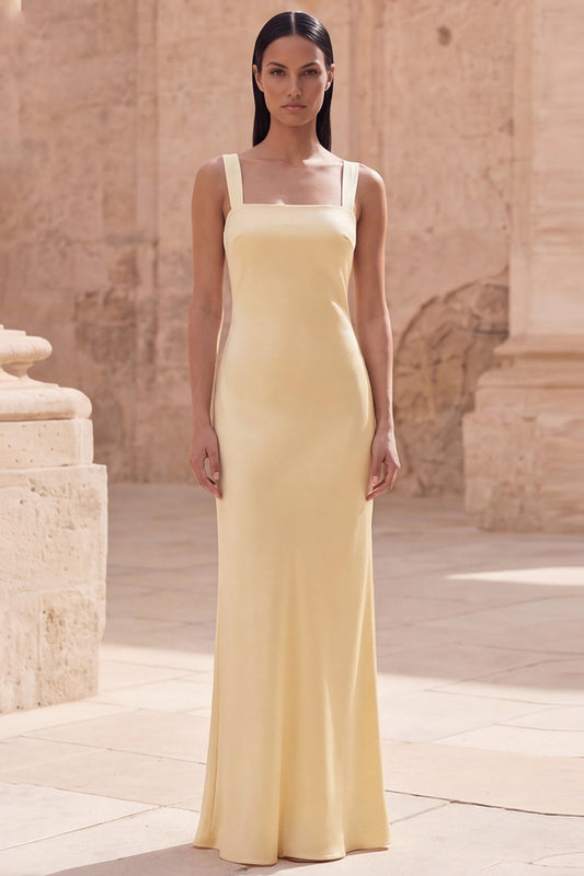 Yellow Spaghetti Straps Sheath Sleeveless Long Satin Dress
